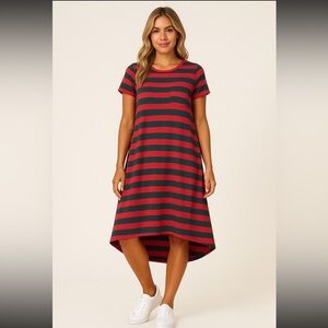 Lularoe Carly Dress Size Medium Red Green Striped Short Sleeve Chest Pocket